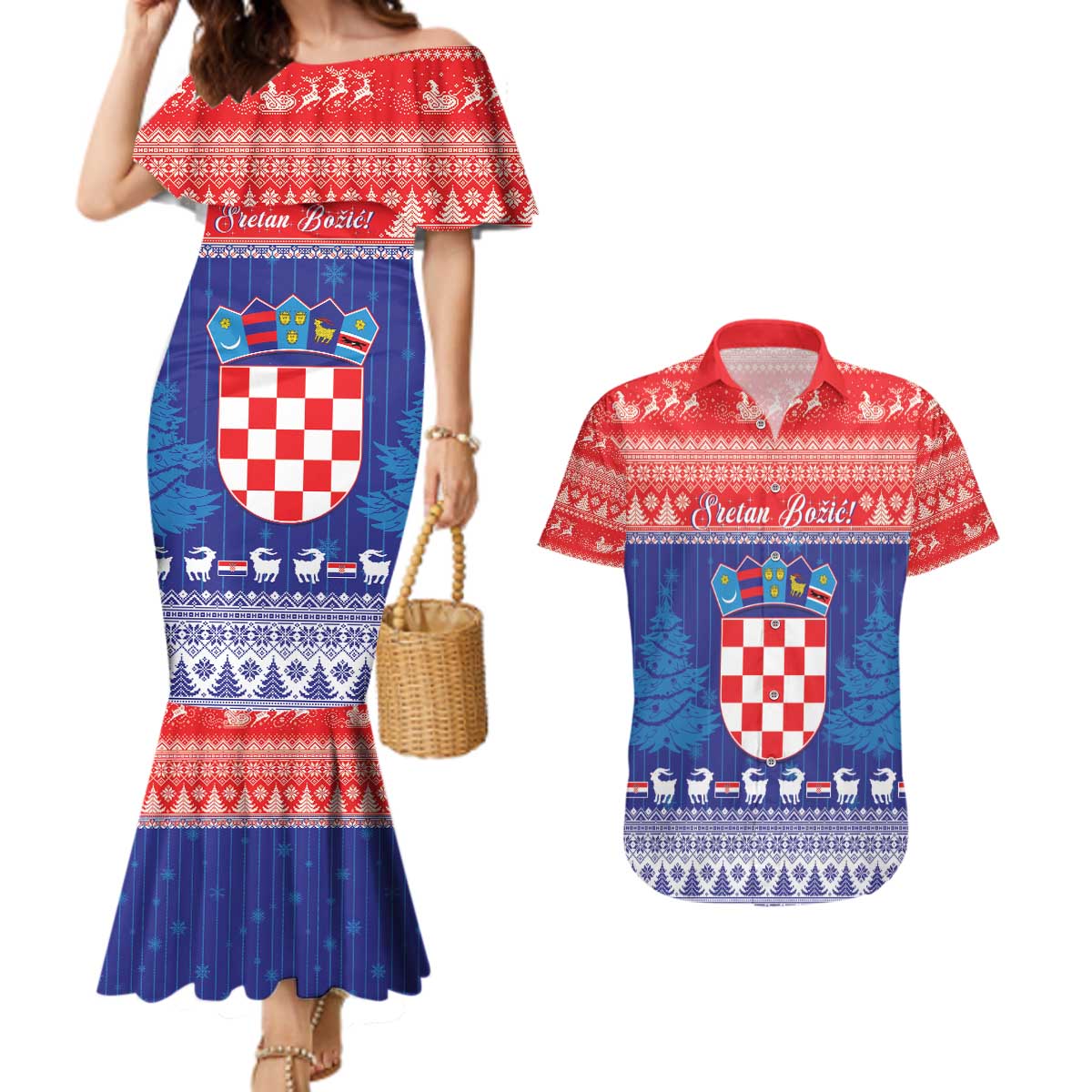 Croatia Christmas Couples Matching Mermaid Dress and Hawaiian Shirt Coat Of Arms Sretan Bozic