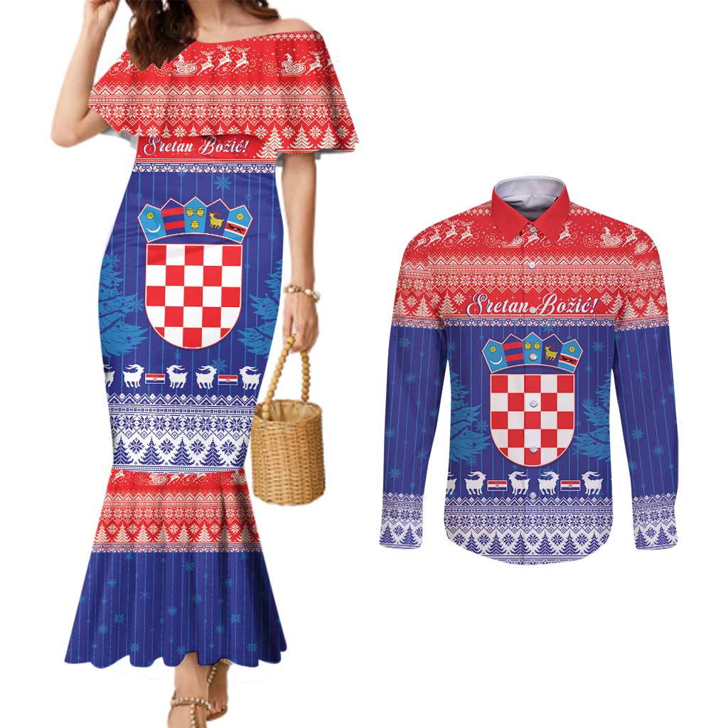 Croatia Christmas Couples Matching Mermaid Dress and Long Sleeve Button Shirt Coat Of Arms Sretan Bozic