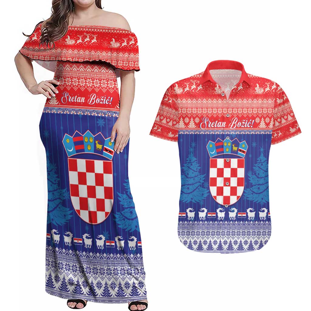 Croatia Christmas Couples Matching Off Shoulder Maxi Dress and Hawaiian Shirt Coat Of Arms Sretan Bozic