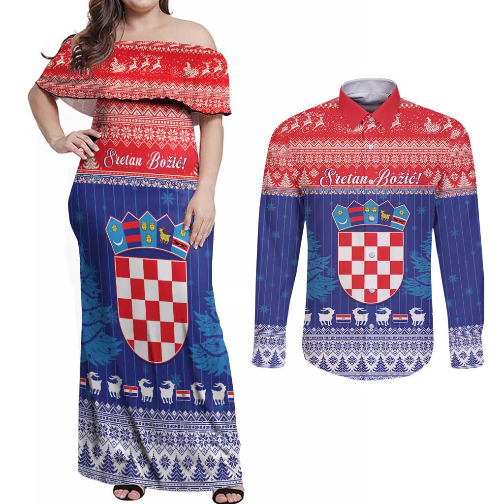 Croatia Christmas Couples Matching Off Shoulder Maxi Dress and Long Sleeve Button Shirt Coat Of Arms Sretan Bozic