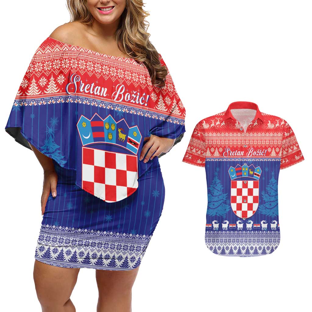 Croatia Christmas Couples Matching Off Shoulder Short Dress and Hawaiian Shirt Coat Of Arms Sretan Bozic