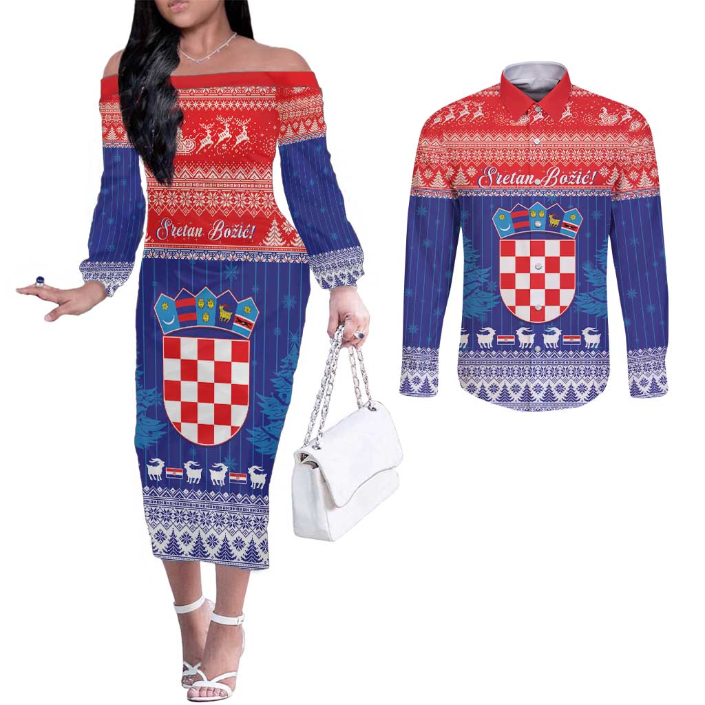 Croatia Christmas Couples Matching Off The Shoulder Long Sleeve Dress and Long Sleeve Button Shirt Coat Of Arms Sretan Bozic