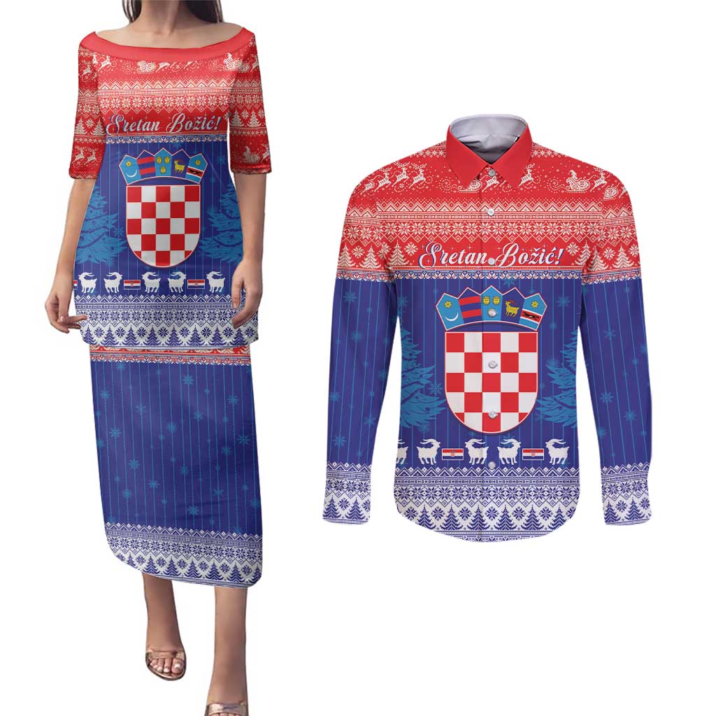 Croatia Christmas Couples Matching Puletasi and Long Sleeve Button Shirt Coat Of Arms Sretan Bozic