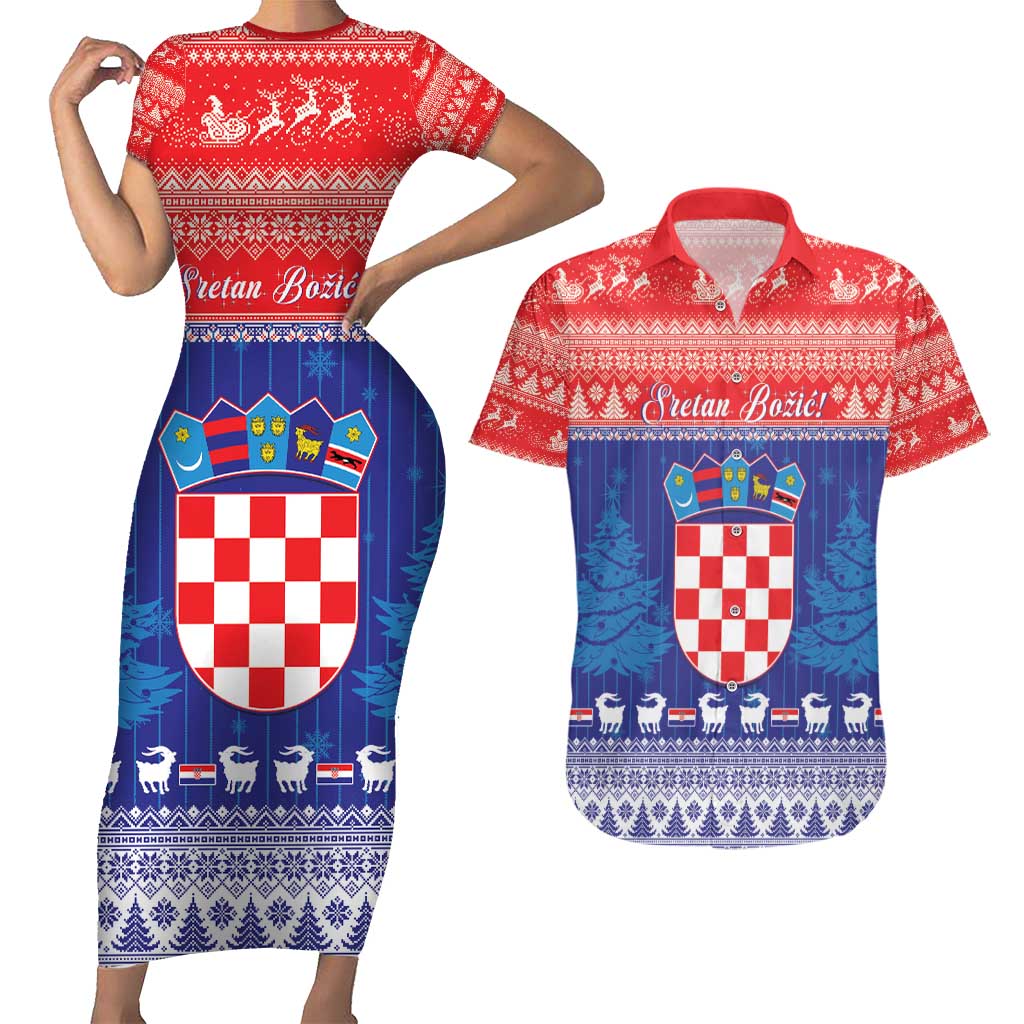 Croatia Christmas Couples Matching Short Sleeve Bodycon Dress and Hawaiian Shirt Coat Of Arms Sretan Bozic