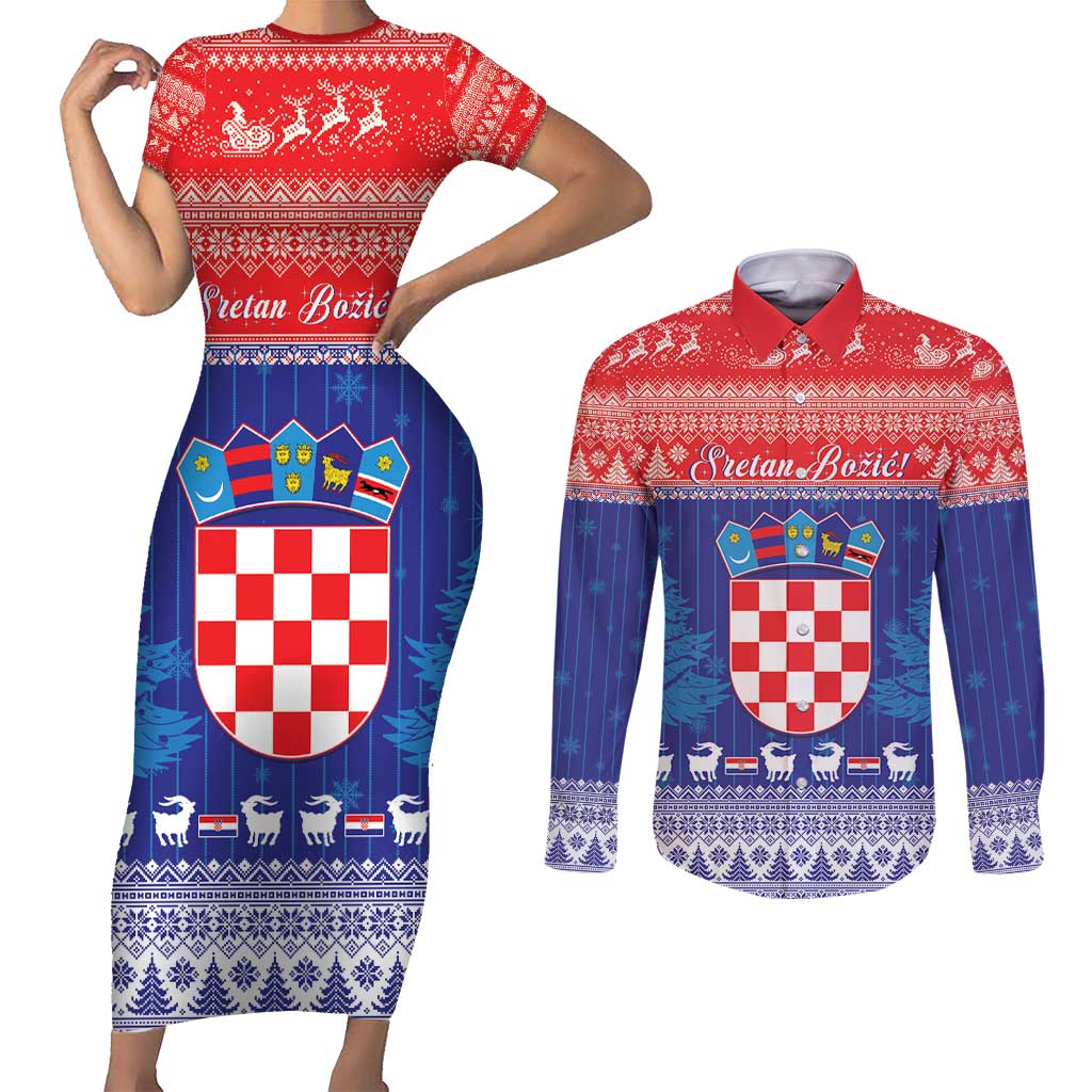 Croatia Christmas Couples Matching Short Sleeve Bodycon Dress and Long Sleeve Button Shirt Coat Of Arms Sretan Bozic