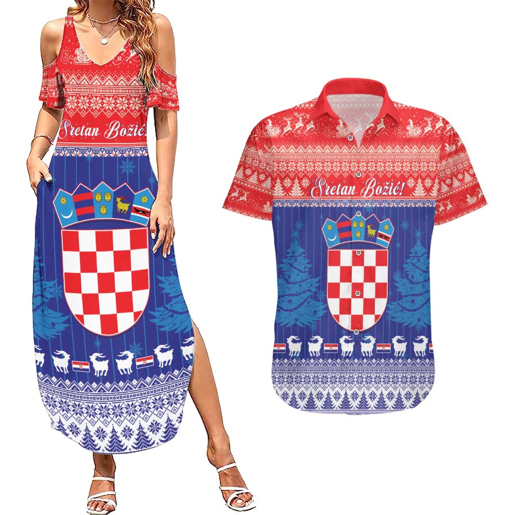 Croatia Christmas Couples Matching Summer Maxi Dress and Hawaiian Shirt Coat Of Arms Sretan Bozic