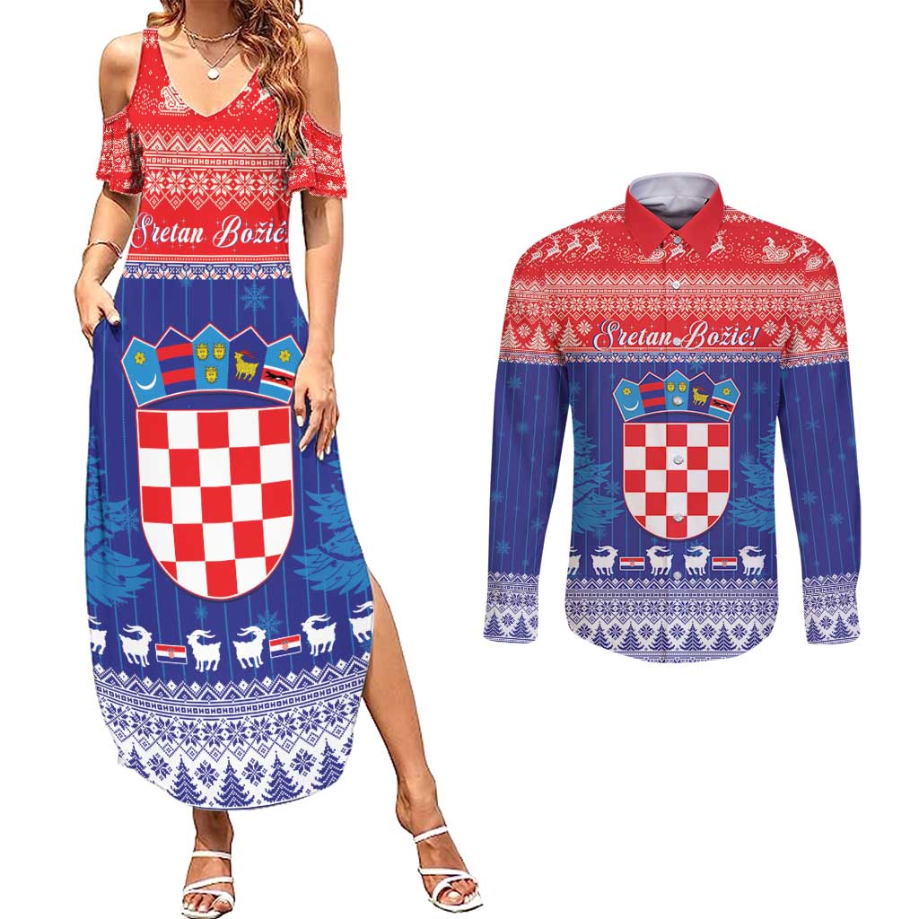 Croatia Christmas Couples Matching Summer Maxi Dress and Long Sleeve Button Shirt Coat Of Arms Sretan Bozic