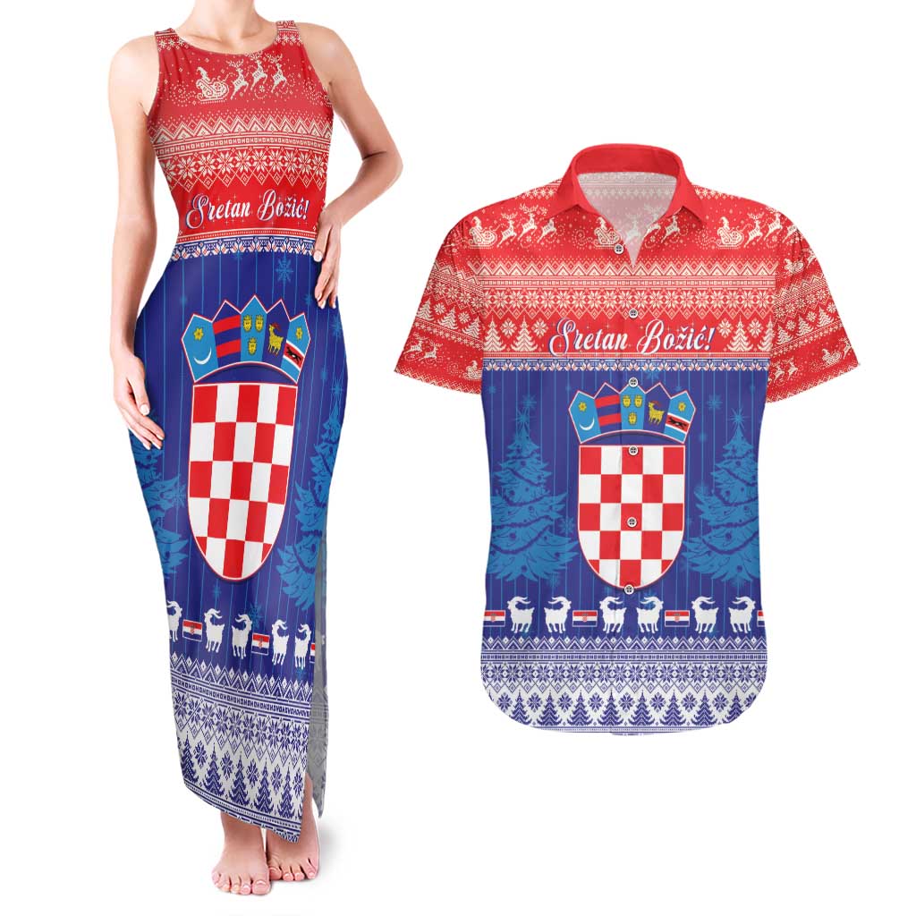 Croatia Christmas Couples Matching Tank Maxi Dress and Hawaiian Shirt Coat Of Arms Sretan Bozic