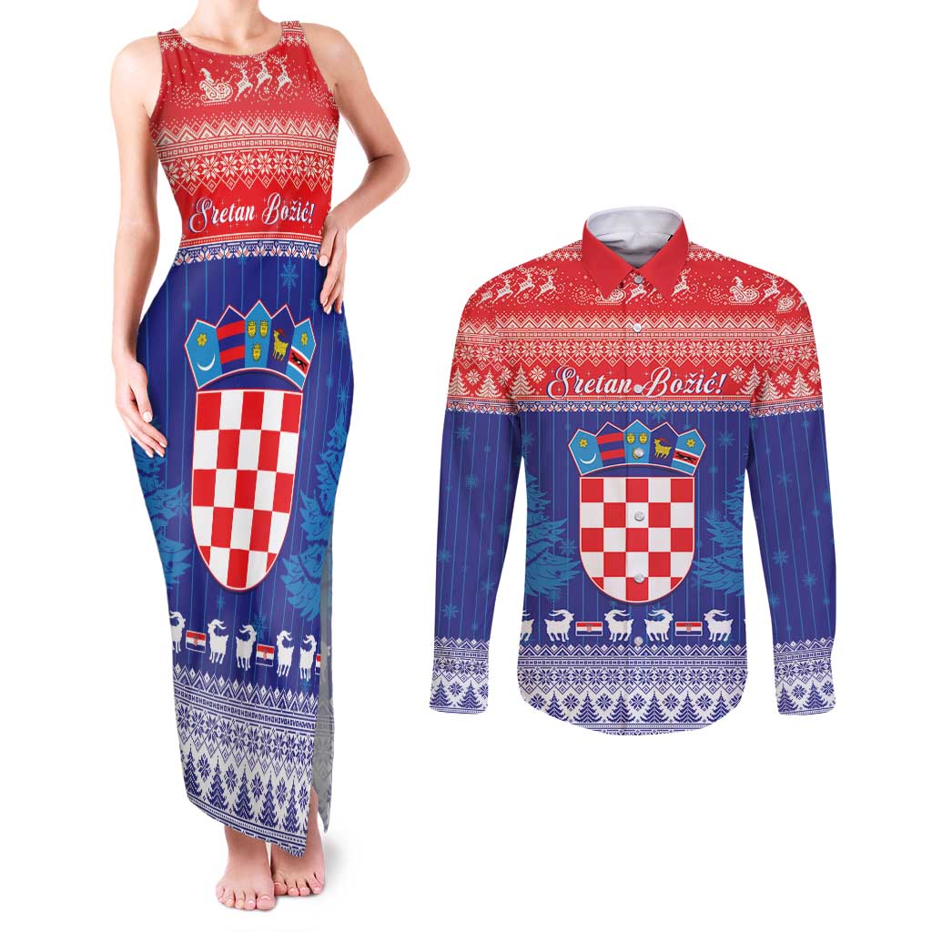 Croatia Christmas Couples Matching Tank Maxi Dress and Long Sleeve Button Shirt Coat Of Arms Sretan Bozic