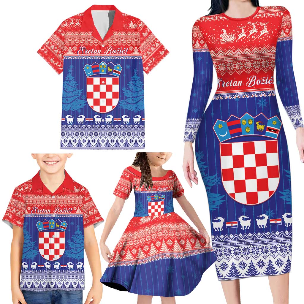 Croatia Christmas Family Matching Long Sleeve Bodycon Dress and Hawaiian Shirt Coat Of Arms Sretan Bozic