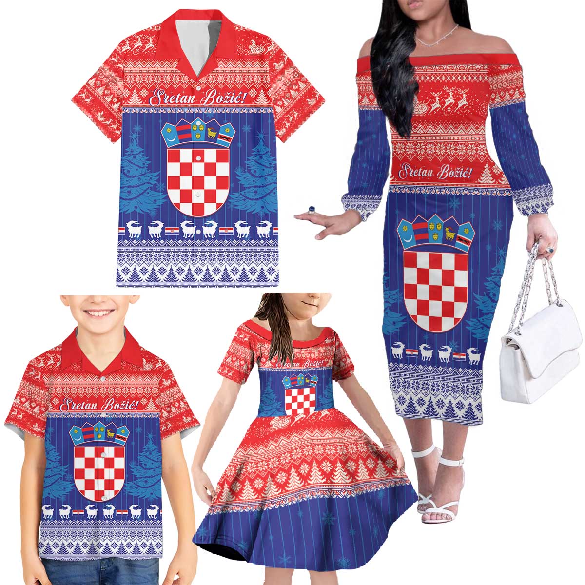 Croatia Christmas Family Matching Off The Shoulder Long Sleeve Dress and Hawaiian Shirt Coat Of Arms Sretan Bozic