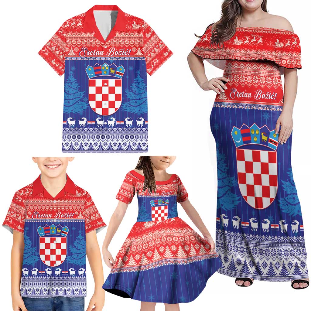 Croatia Christmas Family Matching Off Shoulder Maxi Dress and Hawaiian Shirt Coat Of Arms Sretan Bozic