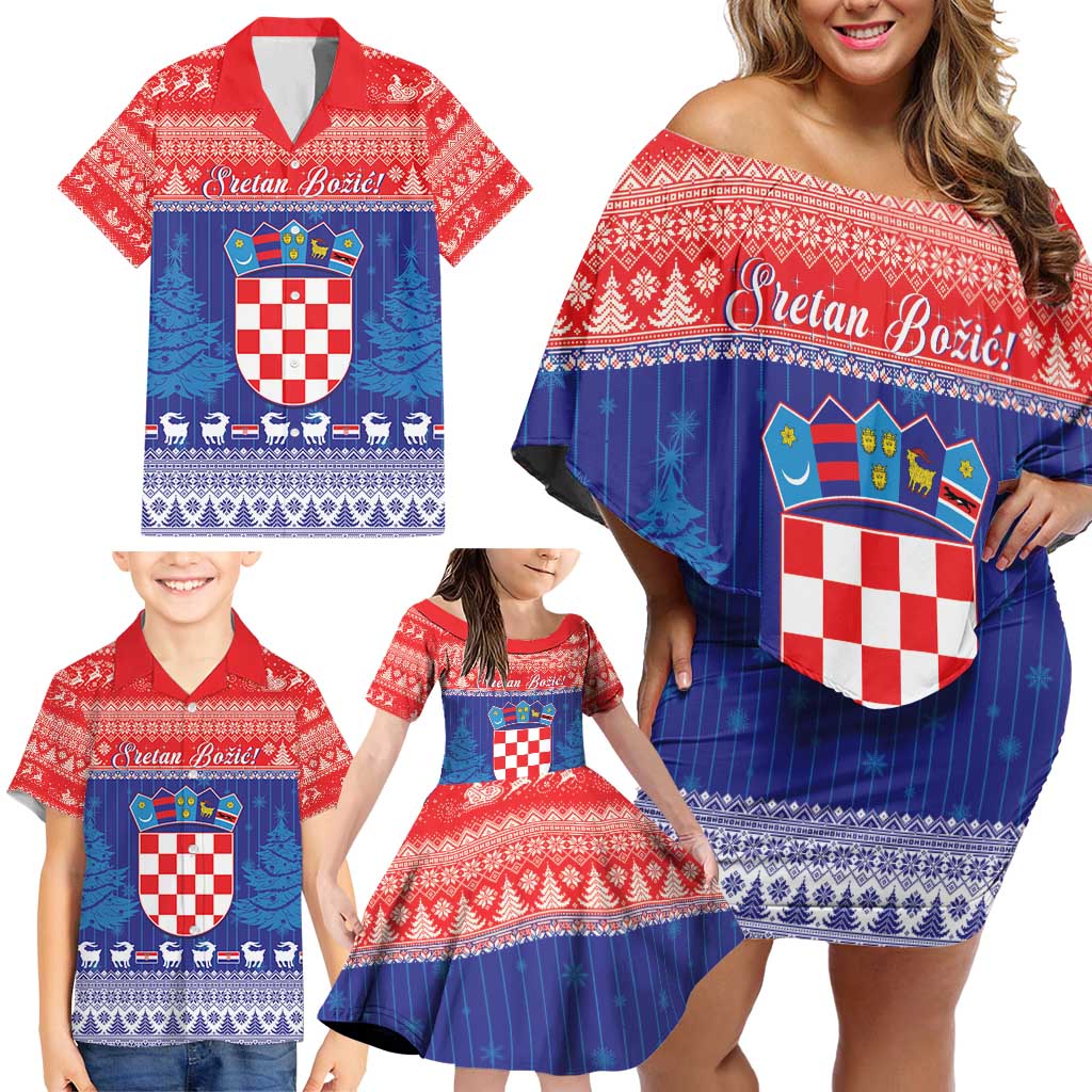 Croatia Christmas Family Matching Off Shoulder Short Dress and Hawaiian Shirt Coat Of Arms Sretan Bozic