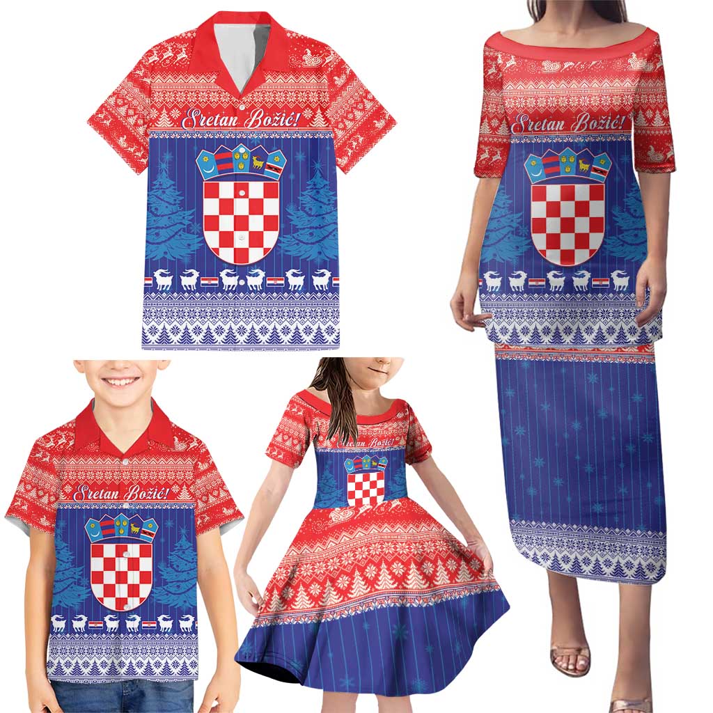 Croatia Christmas Family Matching Puletasi and Hawaiian Shirt Coat Of Arms Sretan Bozic