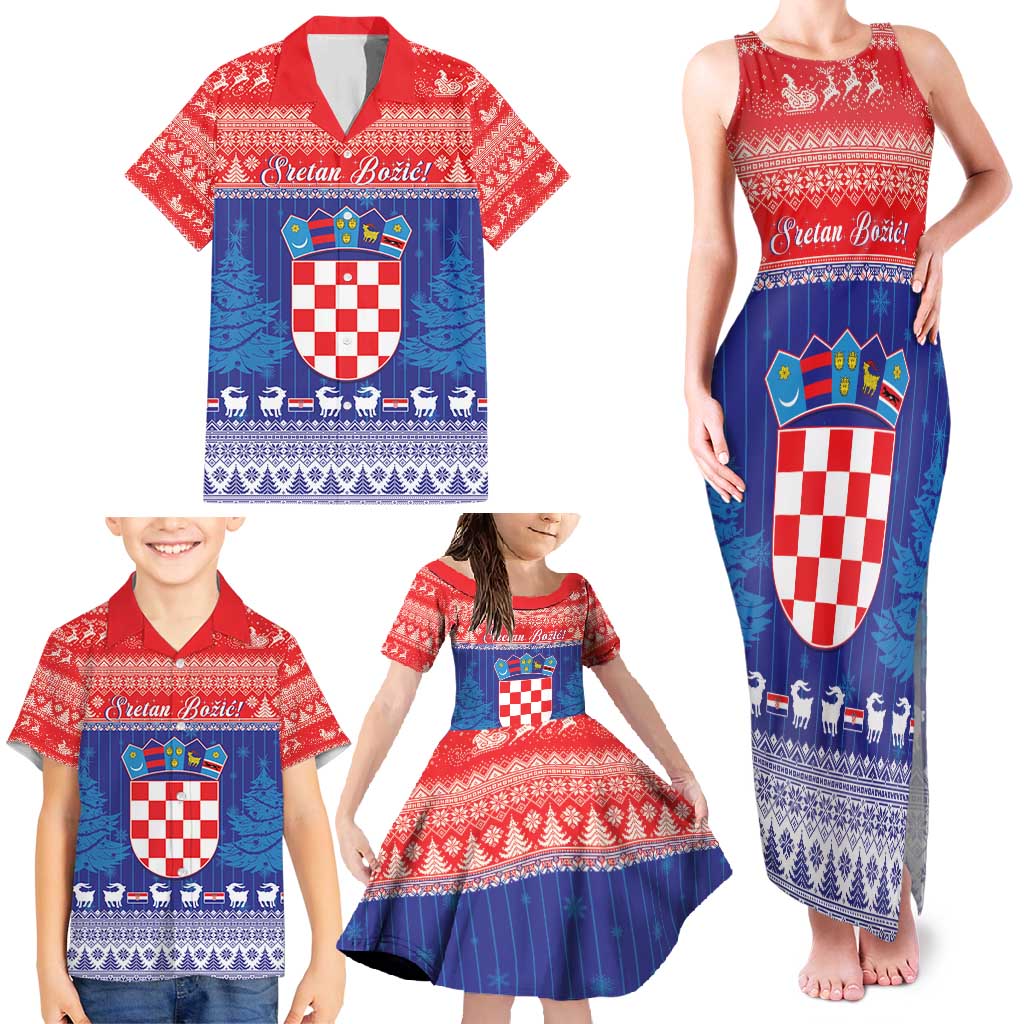 Croatia Christmas Family Matching Tank Maxi Dress and Hawaiian Shirt Coat Of Arms Sretan Bozic