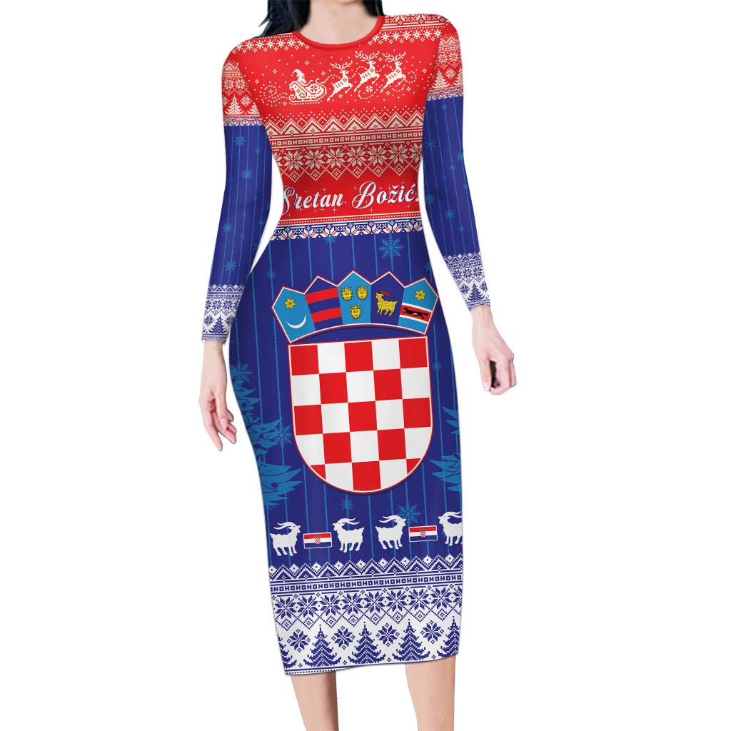 Croatia Christmas Long Sleeve Bodycon Dress Coat Of Arms Sretan Bozic