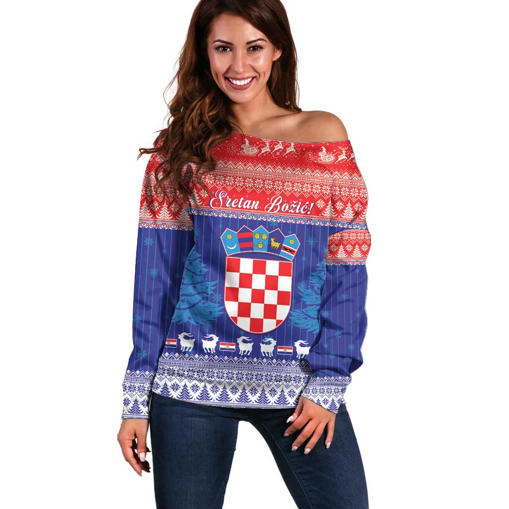 Croatia Christmas Off Shoulder Sweater Coat Of Arms Sretan Bozic - Wonder Print Shop