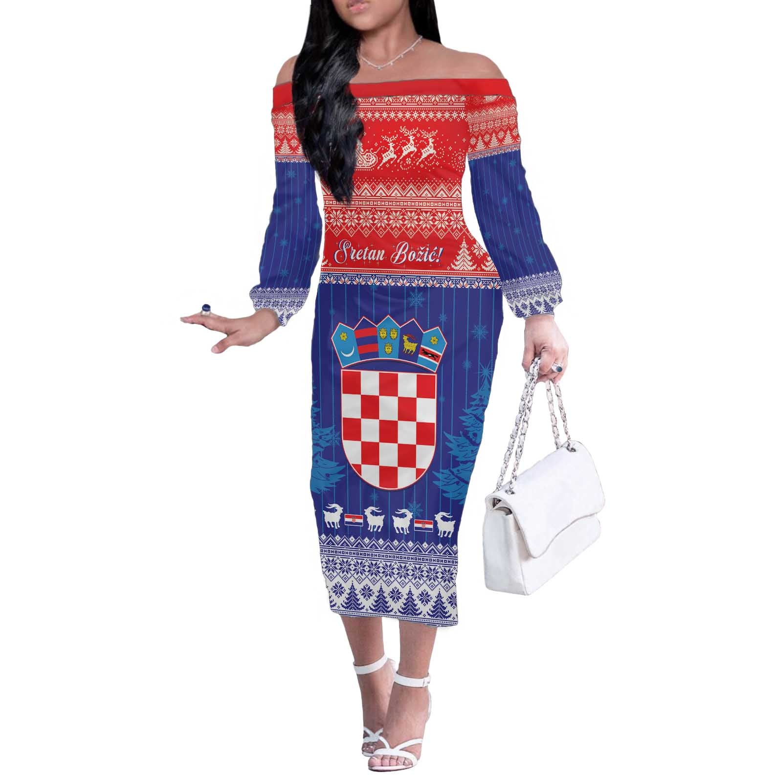 Croatia Christmas Off The Shoulder Long Sleeve Dress Coat Of Arms Sretan Bozic