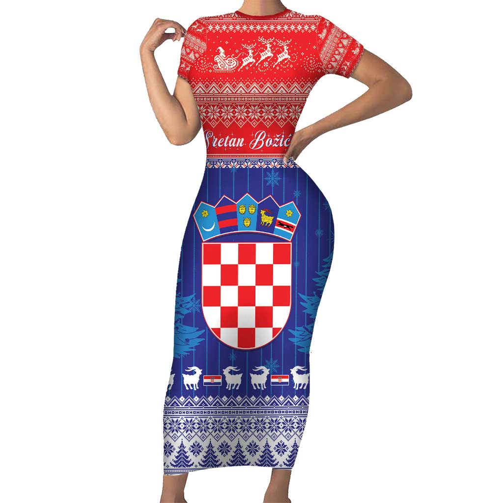 Croatia Christmas Short Sleeve Bodycon Dress Coat Of Arms Sretan Bozic