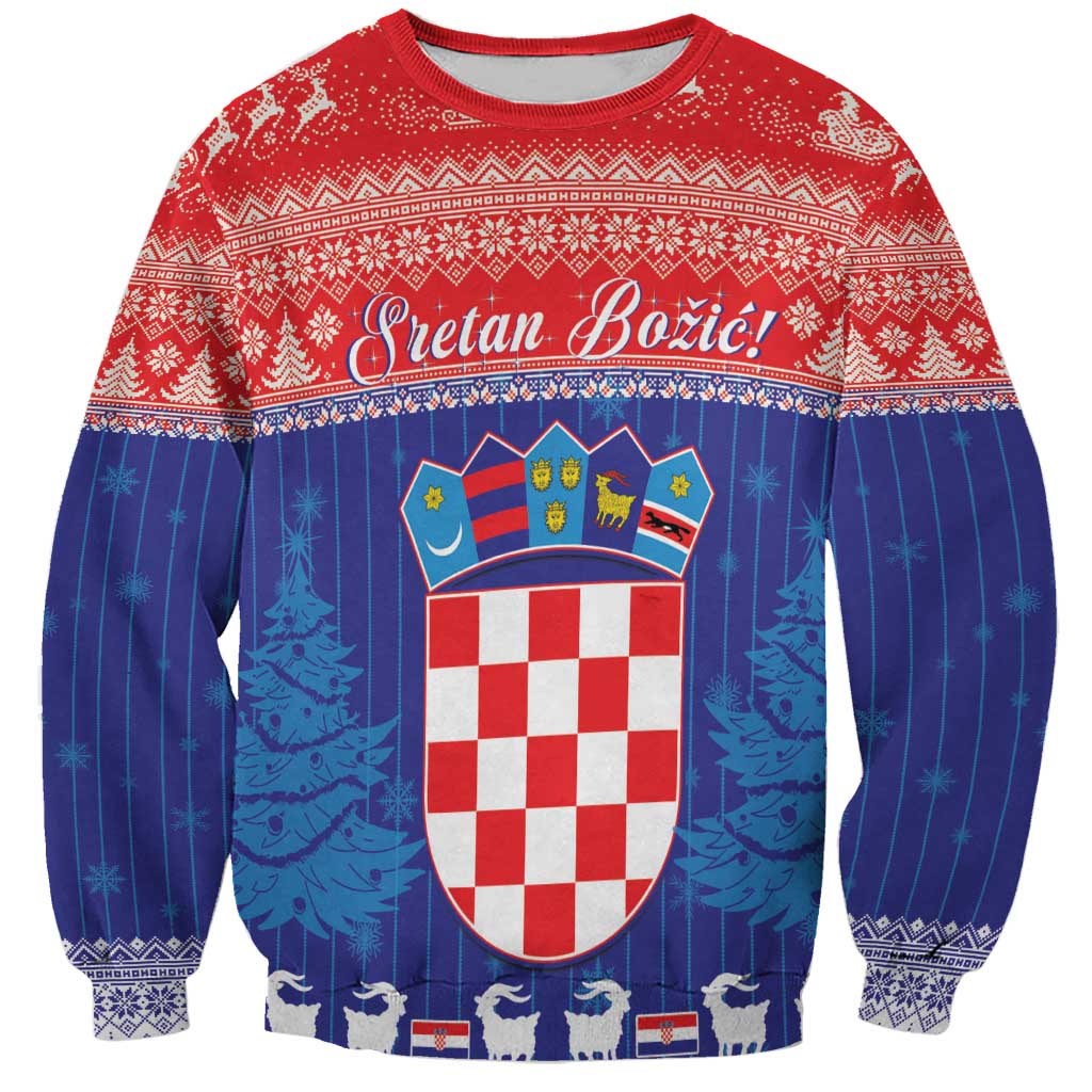 Unisex Christmas sweatshirt in red/blue with Sretan Bozic text and Croatia coat of arms