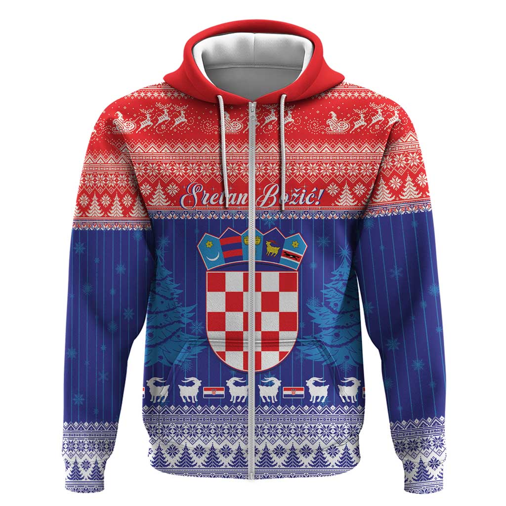 Croatia Christmas Zip Hoodie Coat Of Arms Sretan Bozic - Wonder Print Shop