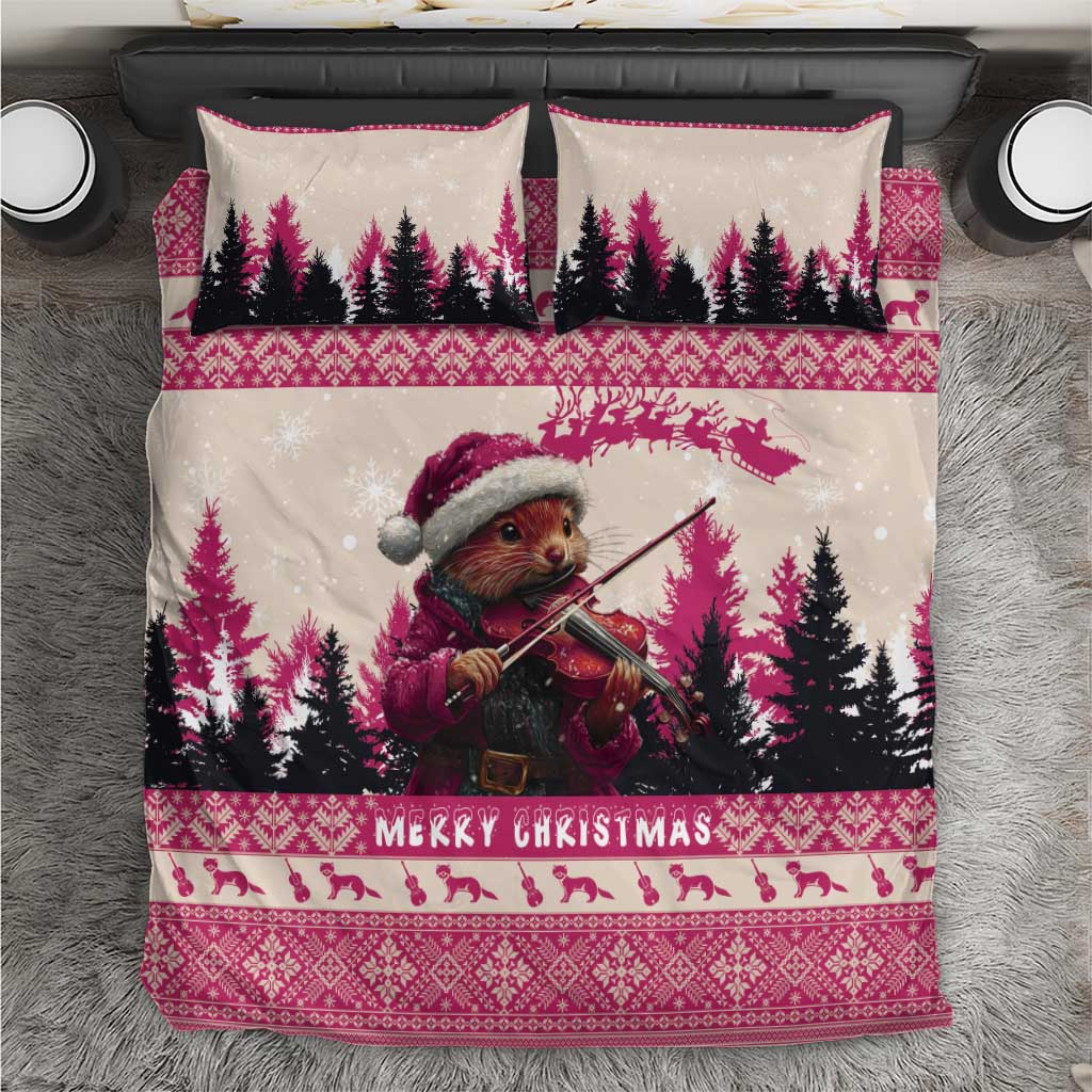 Christmas bedding set with two pillowcases and duvet cover, featuring a violin-playing marten in dark pink