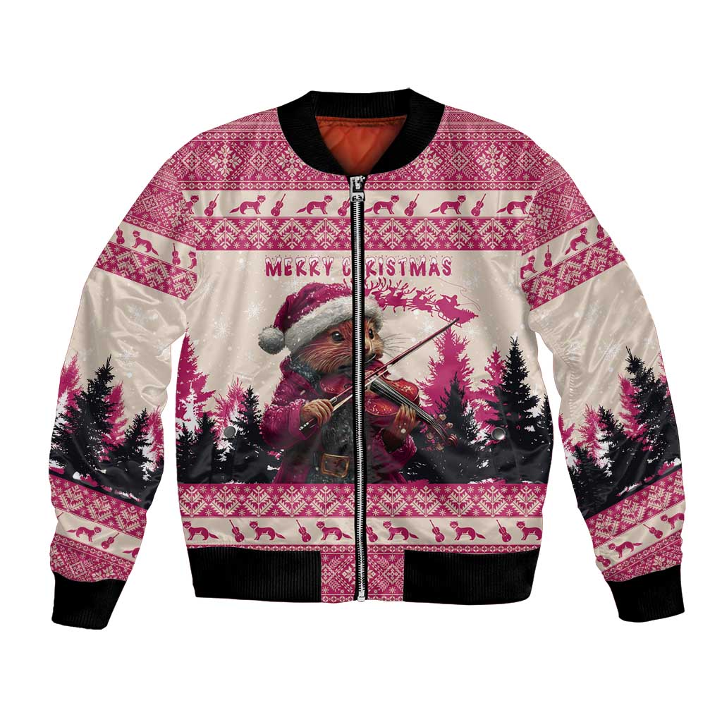 Dark pink bomber jacket with front zipper, pine marten playing violin graphic and pine trees