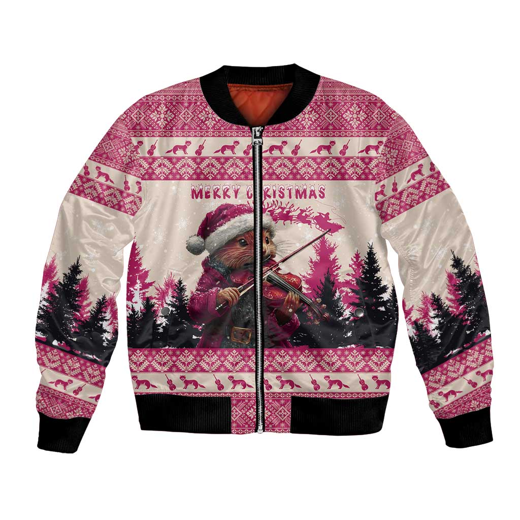 Croatia Christmas Bomber Jacket Pine Marten Playing Violin - Dark Pink Color - Wonder Print Shop