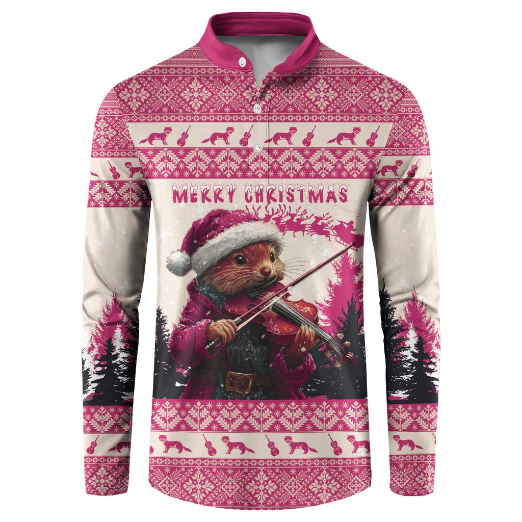 Dark pink Christmas button sweatshirt with pine marten playing violin front graphic, long sleeves