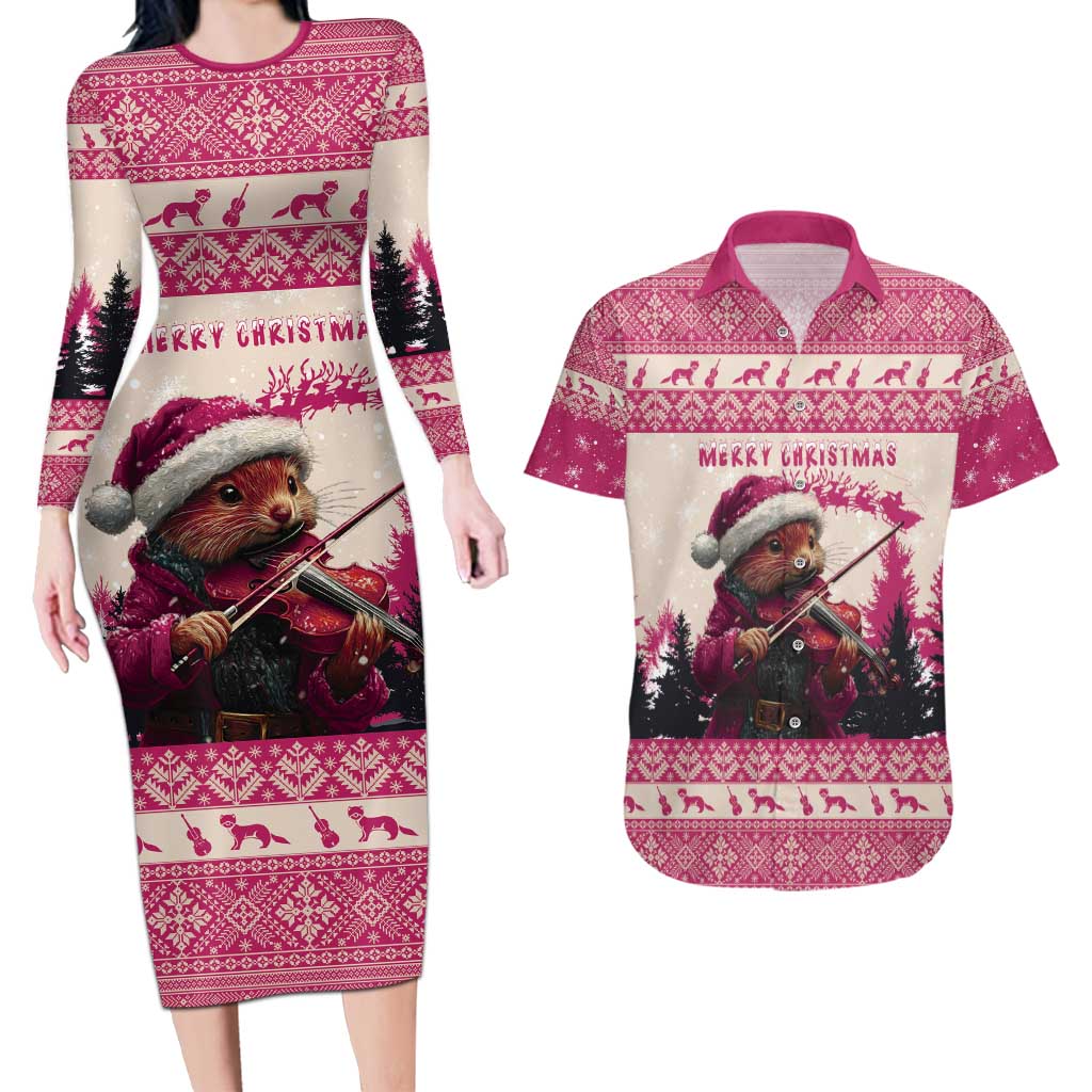 Croatia Christmas Couples Matching Long Sleeve Bodycon Dress and Hawaiian Shirt Pine Marten Playing Violin - Dark Pink Color