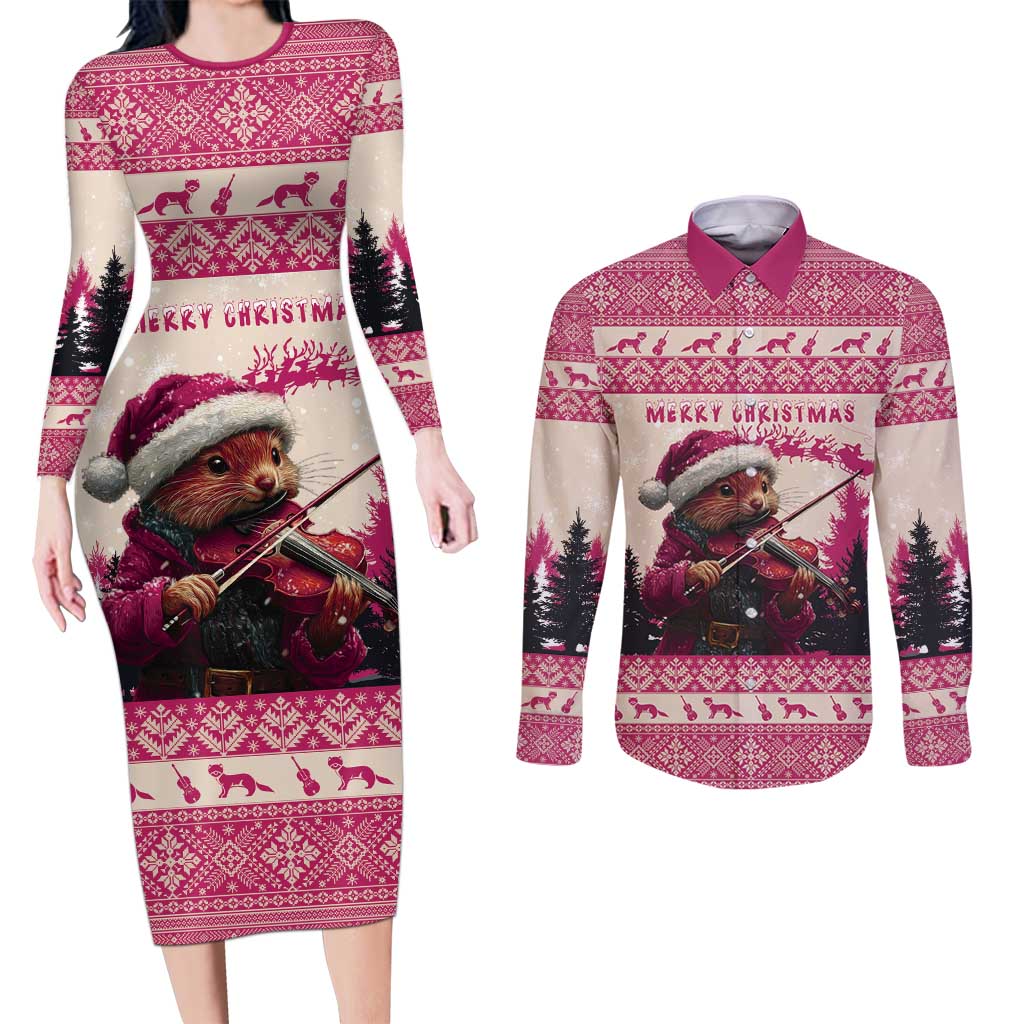 Croatia Christmas Couples Matching Long Sleeve Bodycon Dress and Long Sleeve Button Shirt Pine Marten Playing Violin - Dark Pink Color