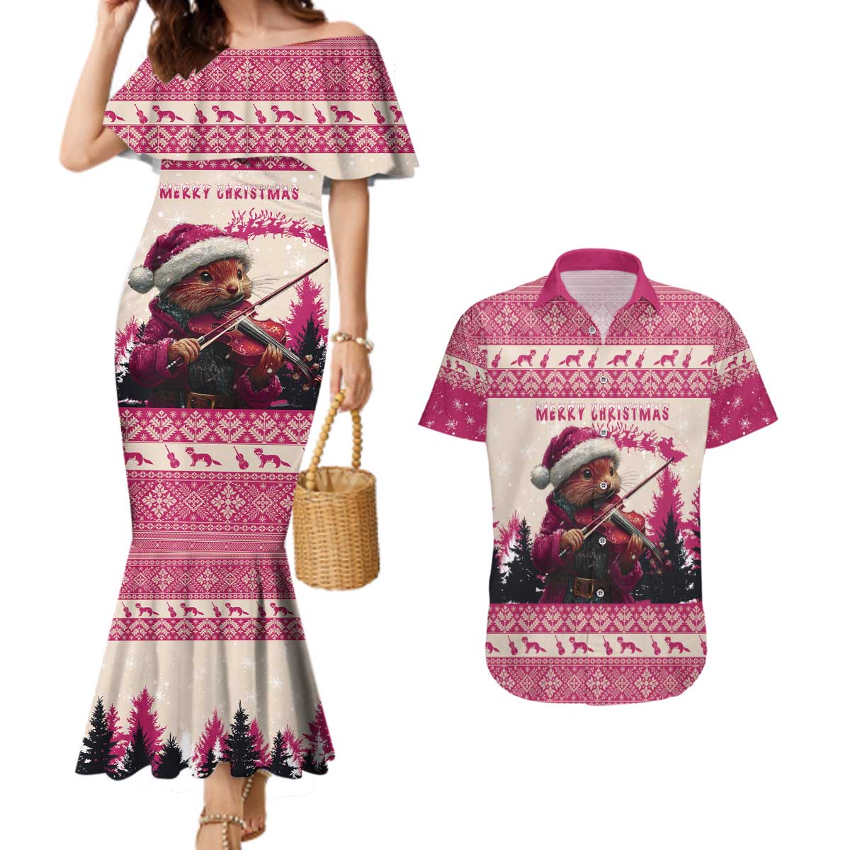 Croatia Christmas Couples Matching Mermaid Dress and Hawaiian Shirt Pine Marten Playing Violin - Dark Pink Color