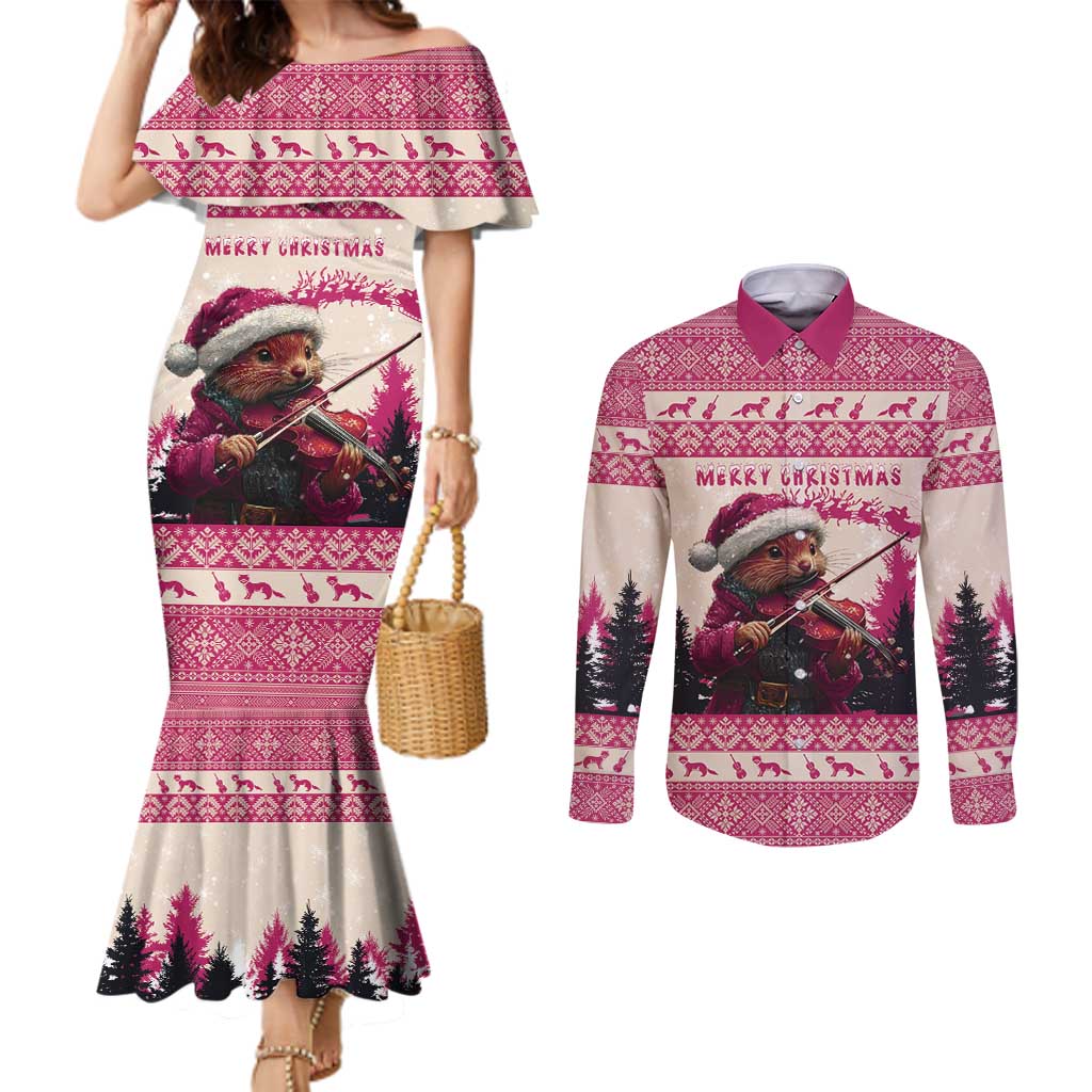 Croatia Christmas Couples Matching Mermaid Dress and Long Sleeve Button Shirt Pine Marten Playing Violin - Dark Pink Color