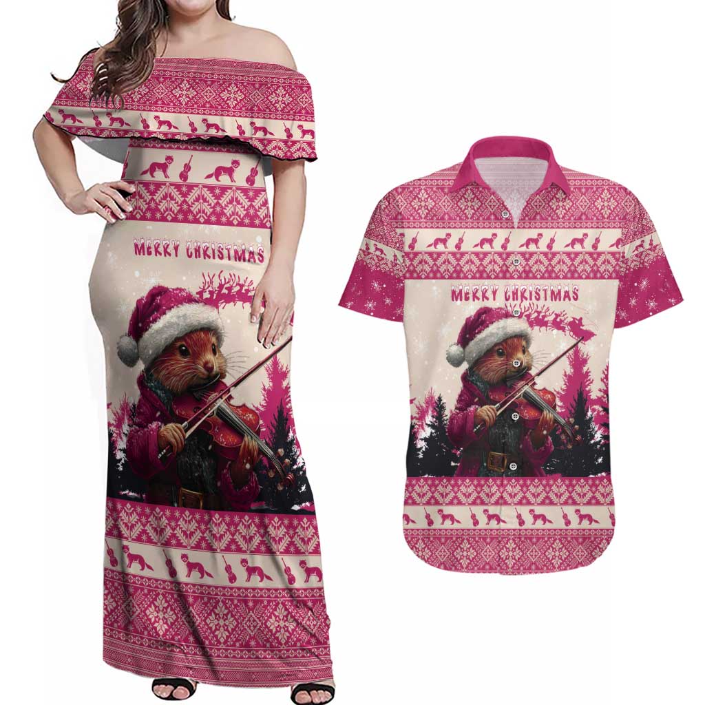 Croatia Christmas Couples Matching Off Shoulder Maxi Dress and Hawaiian Shirt Pine Marten Playing Violin - Dark Pink Color