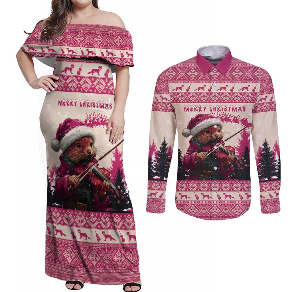 Croatia Christmas Couples Matching Off Shoulder Maxi Dress and Long Sleeve Button Shirt Pine Marten Playing Violin - Dark Pink Color