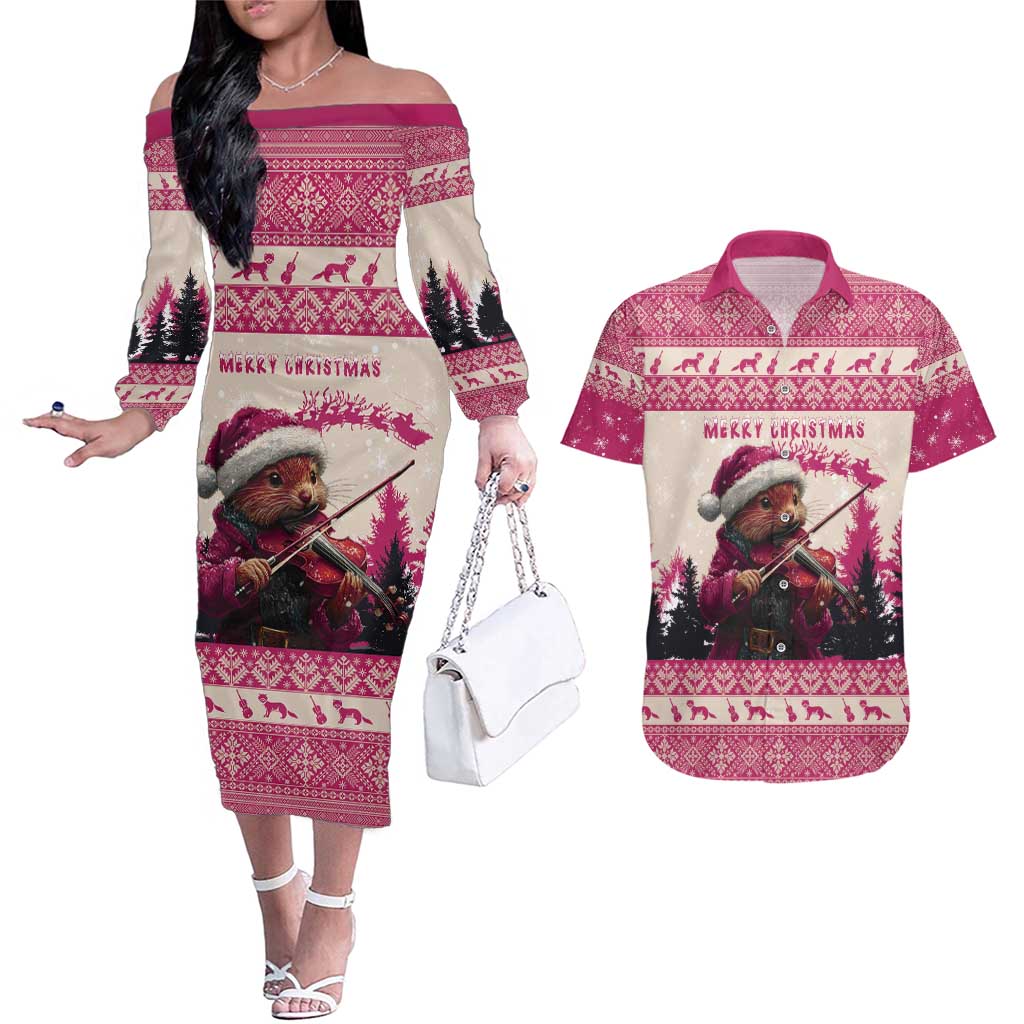 Croatia Christmas Couples Matching Off The Shoulder Long Sleeve Dress and Hawaiian Shirt Pine Marten Playing Violin - Dark Pink Color