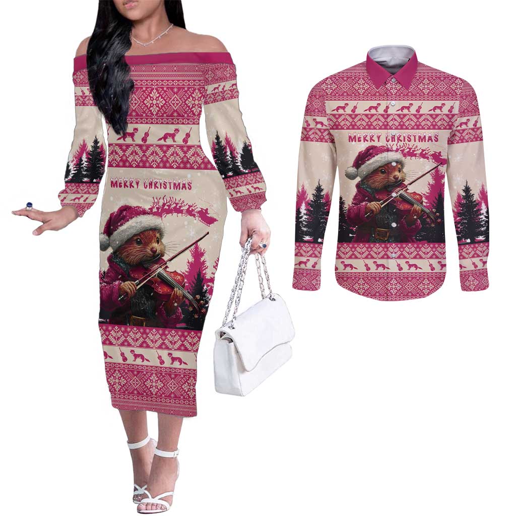 Croatia Christmas Couples Matching Off The Shoulder Long Sleeve Dress and Long Sleeve Button Shirt Pine Marten Playing Violin - Dark Pink Color