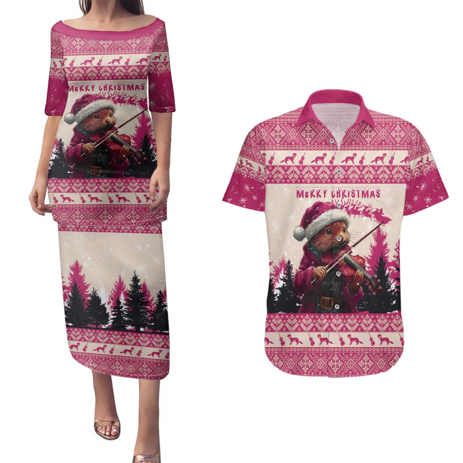 Croatia Christmas Couples Matching Puletasi and Hawaiian Shirt Pine Marten Playing Violin - Dark Pink Color