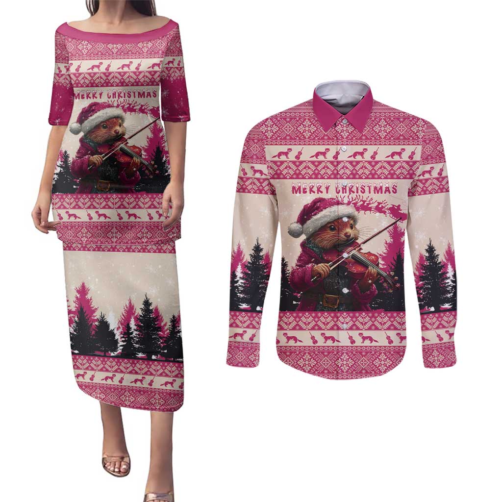 Croatia Christmas Couples Matching Puletasi and Long Sleeve Button Shirt Pine Marten Playing Violin - Dark Pink Color