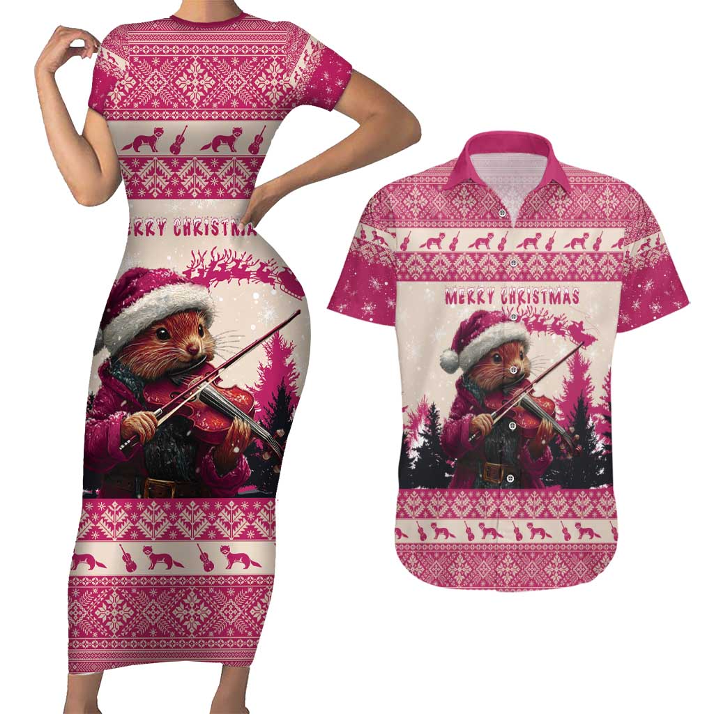 Croatia Christmas Couples Matching Short Sleeve Bodycon Dress and Hawaiian Shirt Pine Marten Playing Violin - Dark Pink Color