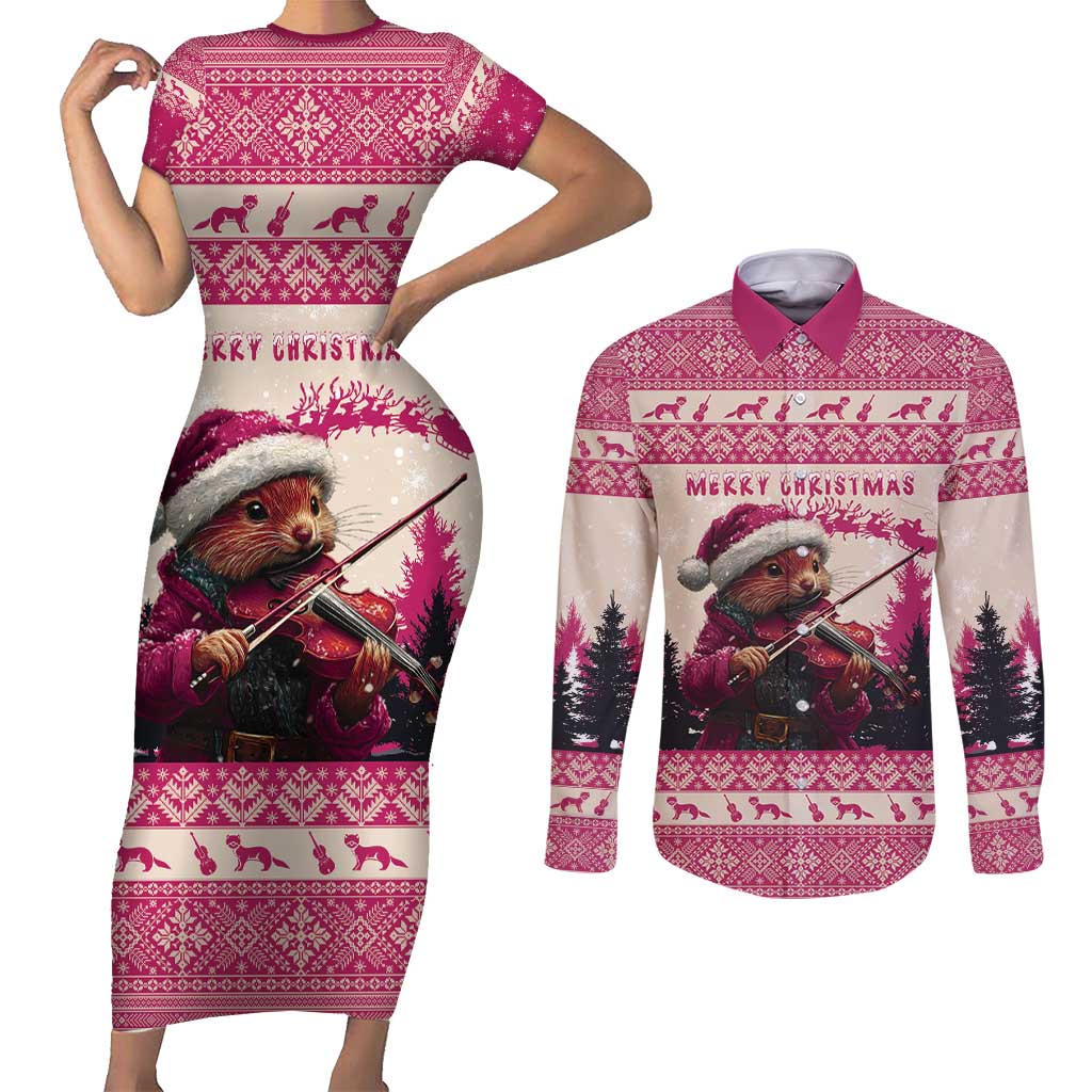 Croatia Christmas Couples Matching Short Sleeve Bodycon Dress and Long Sleeve Button Shirt Pine Marten Playing Violin - Dark Pink Color