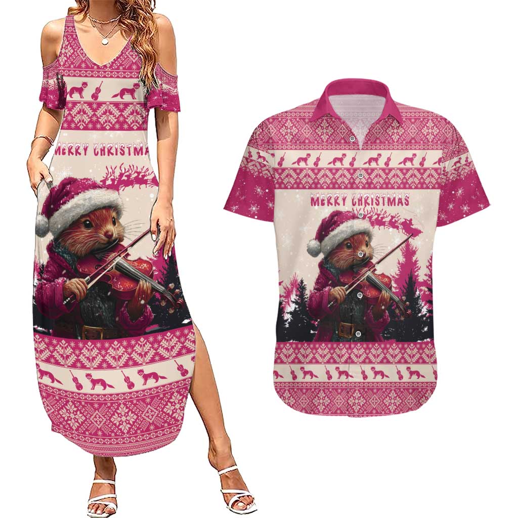 Croatia Christmas Couples Matching Summer Maxi Dress and Hawaiian Shirt Pine Marten Playing Violin - Dark Pink Color