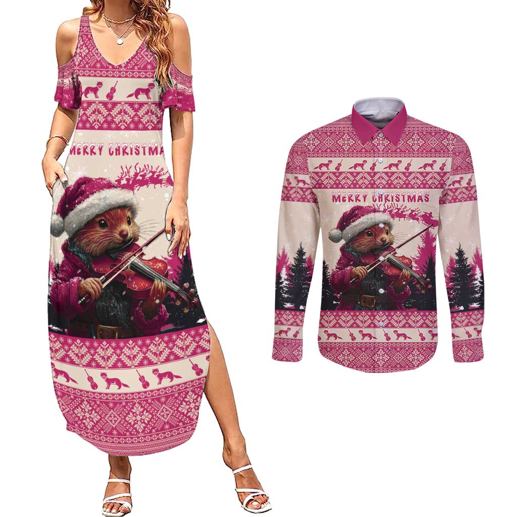 Croatia Christmas Couples Matching Summer Maxi Dress and Long Sleeve Button Shirt Pine Marten Playing Violin - Dark Pink Color