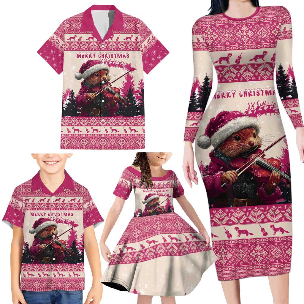 Croatia Christmas Family Matching Long Sleeve Bodycon Dress and Hawaiian Shirt Pine Marten Playing Violin - Dark Pink Color