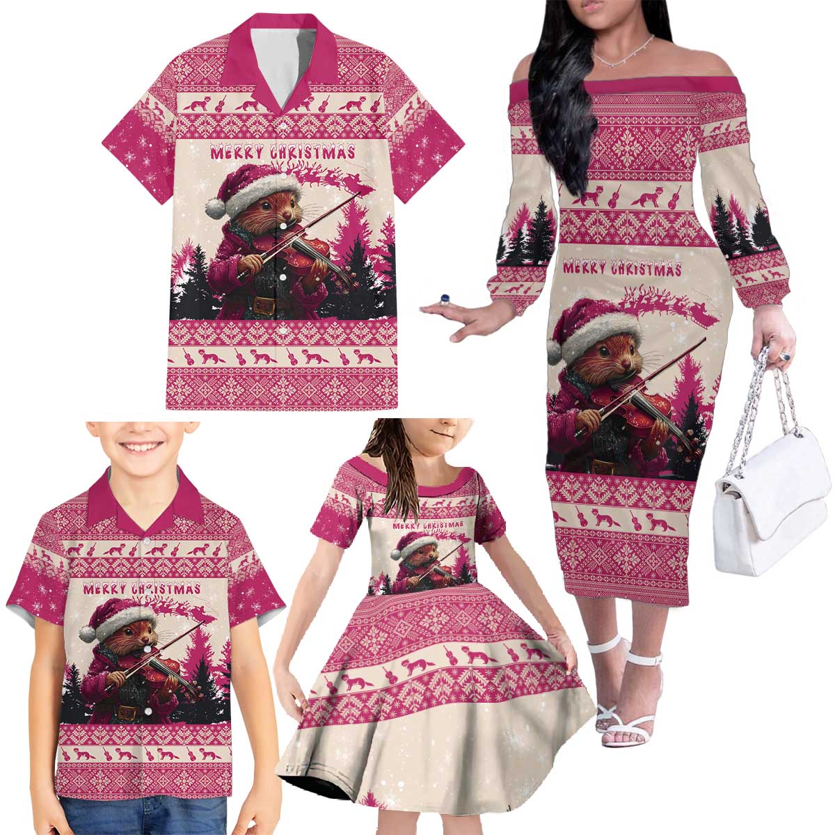 Croatia Christmas Family Matching Off The Shoulder Long Sleeve Dress and Hawaiian Shirt Pine Marten Playing Violin - Dark Pink Color