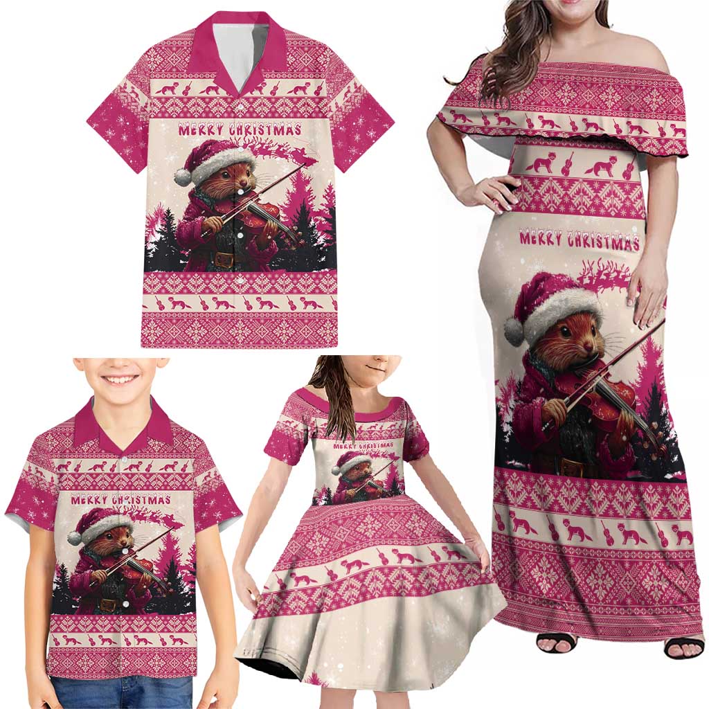 Croatia Christmas Family Matching Off Shoulder Maxi Dress and Hawaiian Shirt Pine Marten Playing Violin - Dark Pink Color