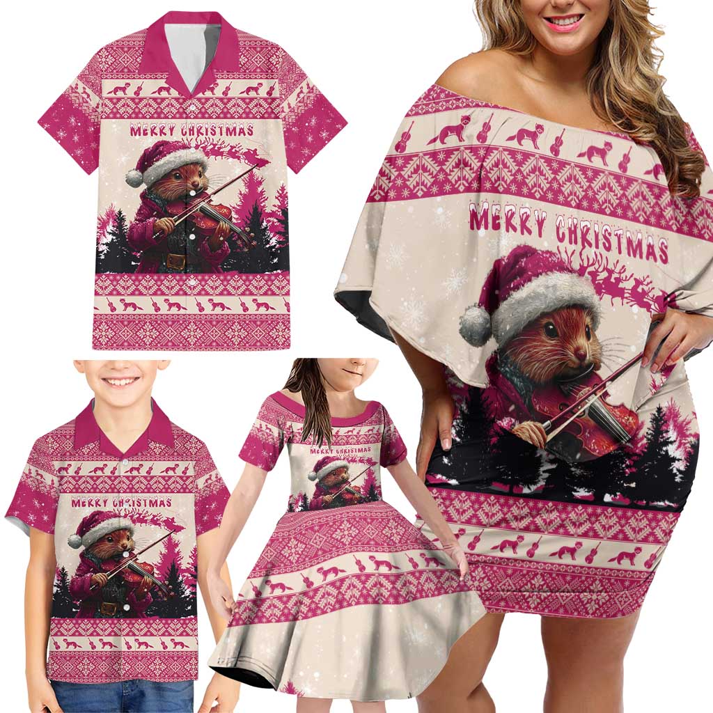 Croatia Christmas Family Matching Off Shoulder Short Dress and Hawaiian Shirt Pine Marten Playing Violin - Dark Pink Color