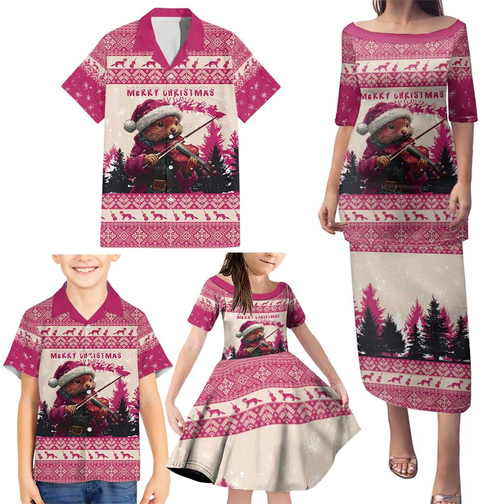 Croatia Christmas Family Matching Puletasi and Hawaiian Shirt Pine Marten Playing Violin - Dark Pink Color