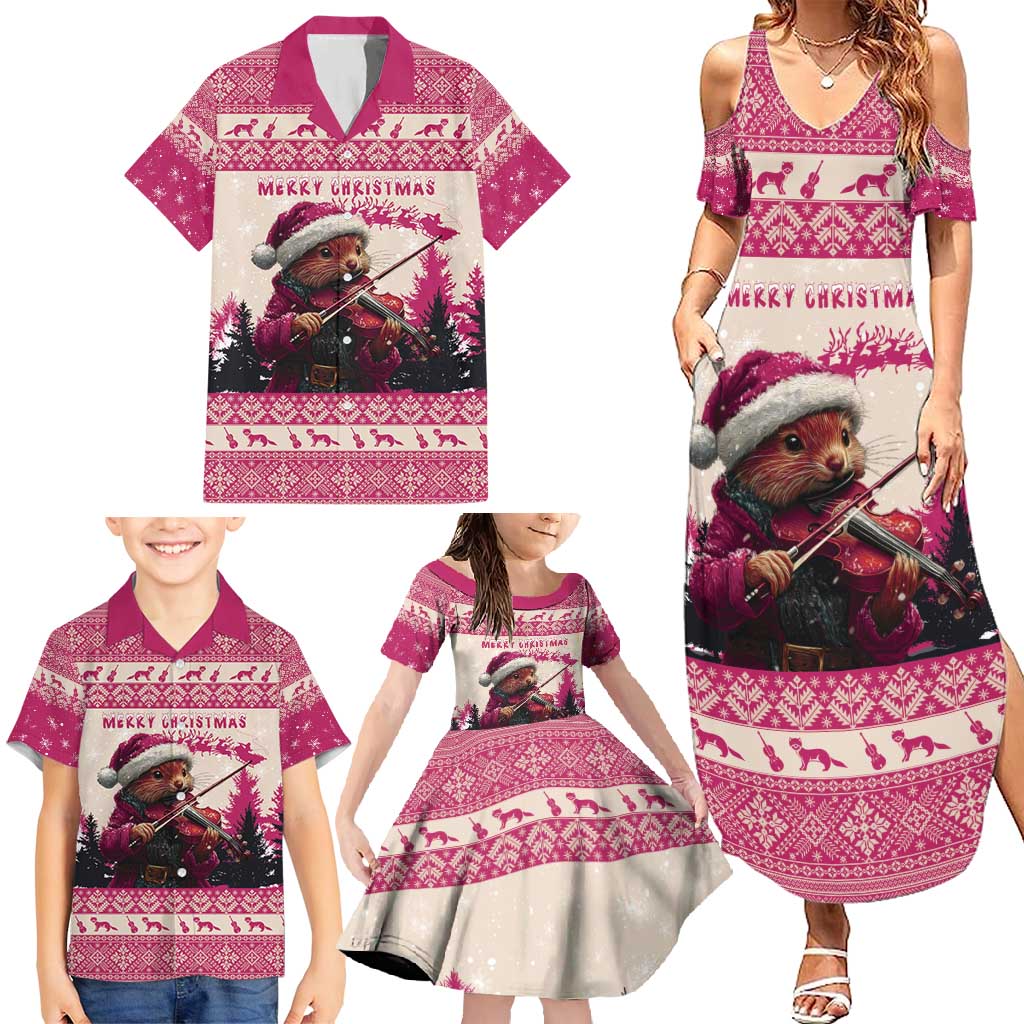 Croatia Christmas Family Matching Summer Maxi Dress and Hawaiian Shirt Pine Marten Playing Violin - Dark Pink Color