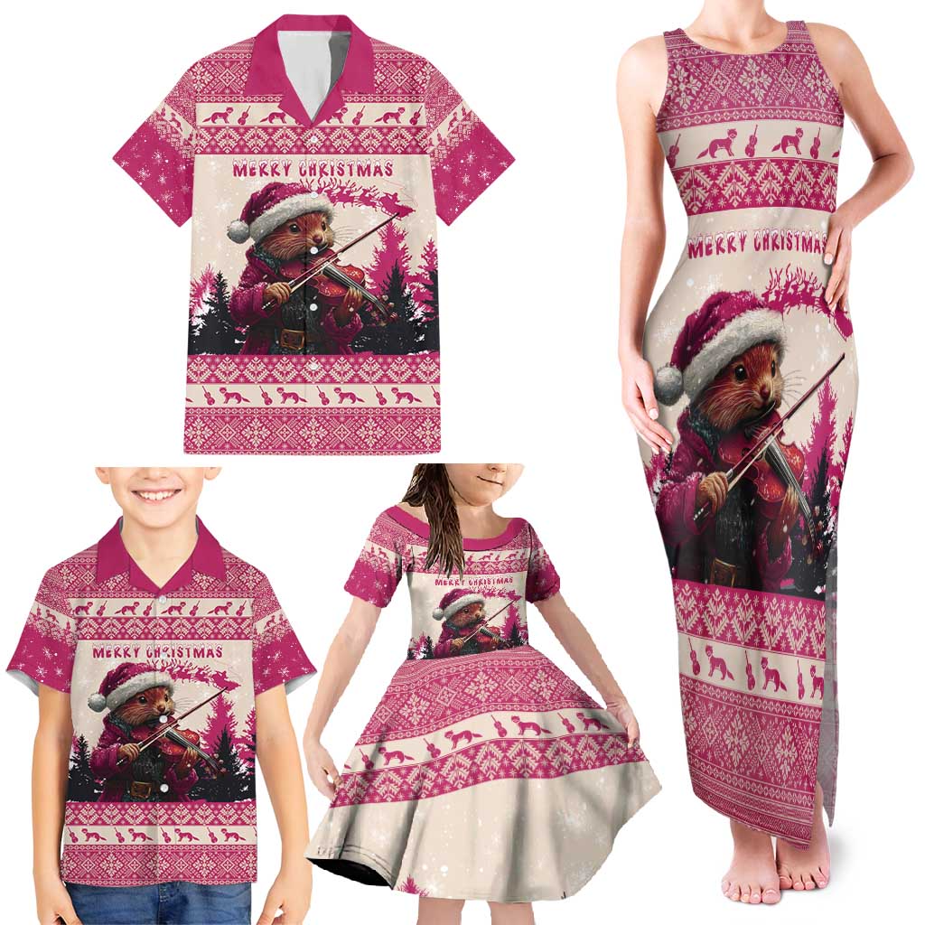 Croatia Christmas Family Matching Tank Maxi Dress and Hawaiian Shirt Pine Marten Playing Violin - Dark Pink Color